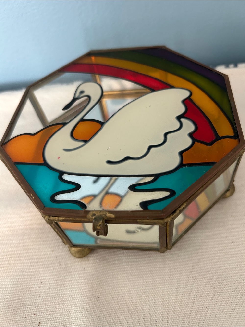 Octagon Stained Glass - look Swan Jewelry Box in White and Multi-Color